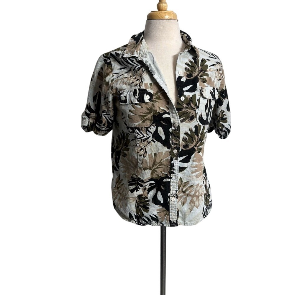 Boho Tropical Print Linen Blend  Shirt Short Sleeve Summer Beach Vacation‎
